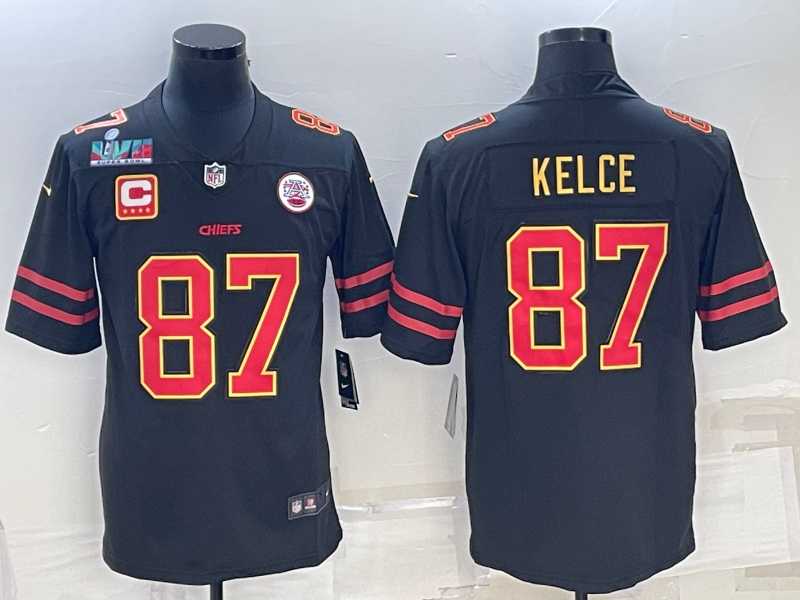 Men's Kansas City Chiefs #87 Travis Kelce Black Red Gold Super Bowl LVII Patch And 4-star C Patch Vapor Untouchable Limited Stitched Jersey